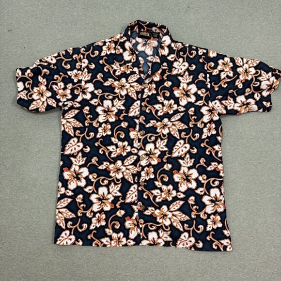 Vintage ODO Hawaiian Shirt Men's Med Blue Orange Floral Button Short Sleeve Y2K - Picture 1 of 7